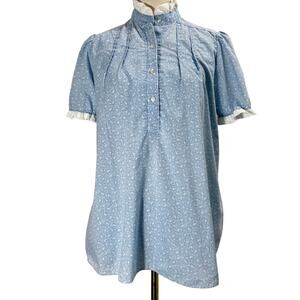 Vintage 80s Blue Top Best Times Floral Ruffle High Neck Smocked Blouse Medium